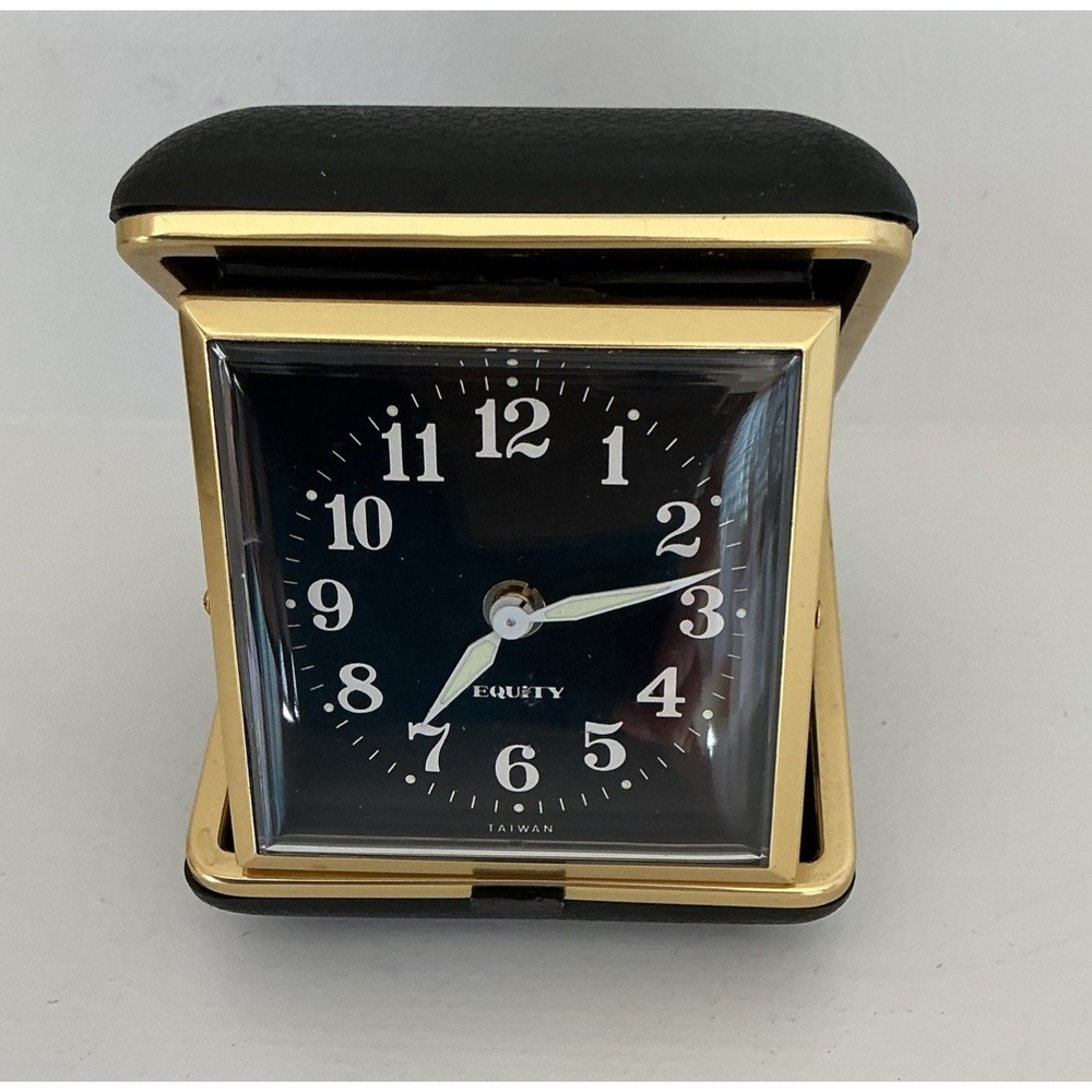 Vintage Equity Folding Wind Up Travel Alarm Clock Black Case Excellent Working
